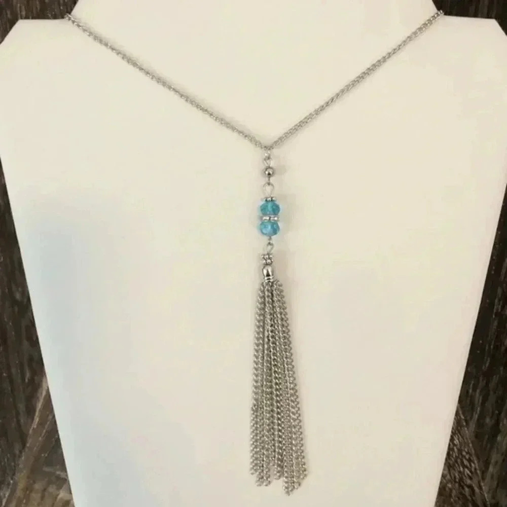 Baby Blue Crystal Tassel Necklace Silver Stainless Steel NWT